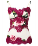 Dolce & Gabbana White Rose Print Satin Lace Tank Top Lingerie