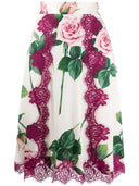 Dolce & Gabbana White Rose Print High Waist Midi A-line Skirt