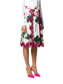 Dolce & Gabbana White Rose Print High Waist Midi A-line Skirt