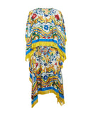 Dolce & Gabbana Multicolor Majolica Kaftan Short Sleeves Maxi Dress